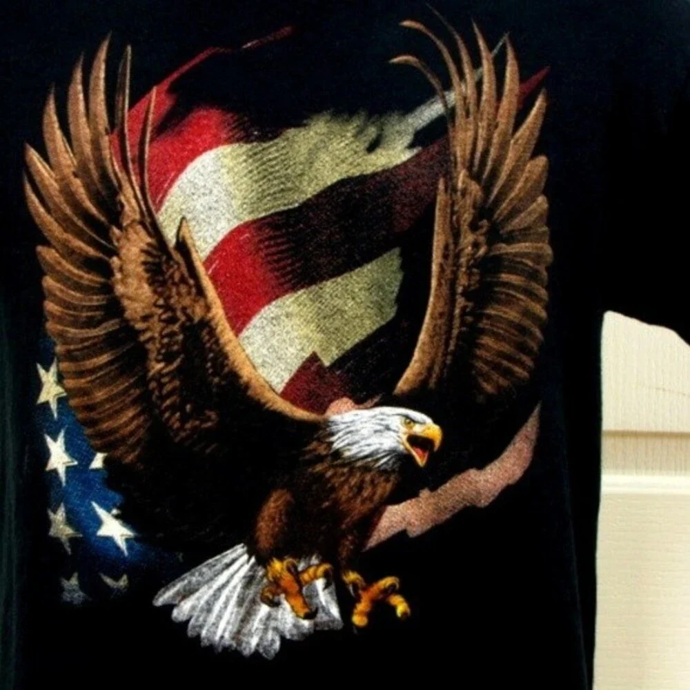 Graphic American Eagle and Flag Black Cotton Short Sleeve T-Shirt Medium